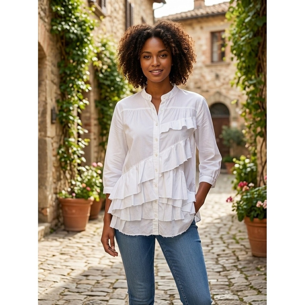 Garnet Hill White Cotton Frayed Ruffle Shirt Top Sz 8P Mandrian Collar Career